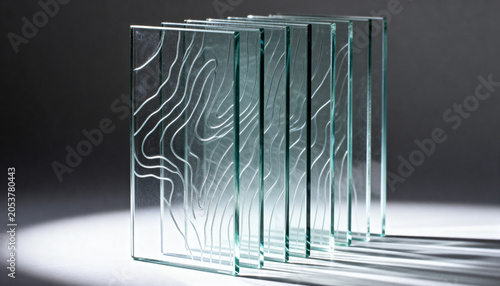Stacked glass plates slightly misaligned vertically, each etched with faint topographic contour lines, light refracting into layered depth illusion, controlled studio lighting
