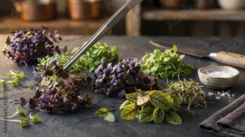 Chef Using Tweezers to Pick Up Fresh Microgreens From a Slate Surface