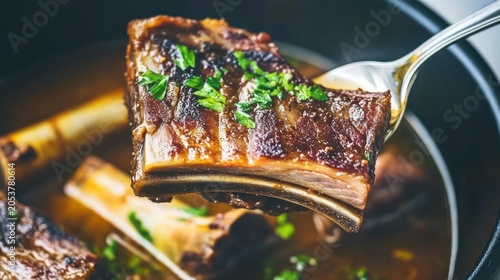 Forkful of slow-cooked ribs in rich broth