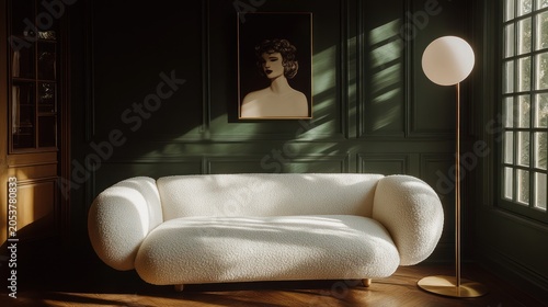 Stylish, cream sofa in sunlit room with dark green walls