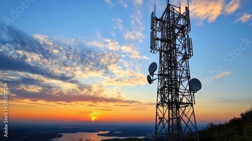 Silhouette of a telecommunications tower at sunrise over a lake