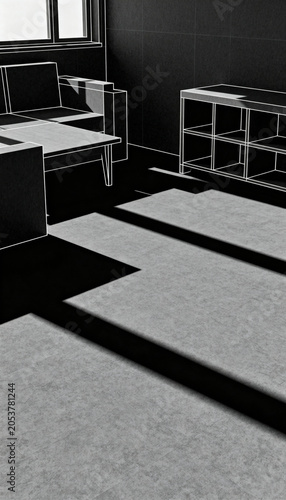 Orthographic projection-style composition of a room where all furniture is reduced to flat extruded outlines cast as physical shadows on floor, no objects visible except shadows