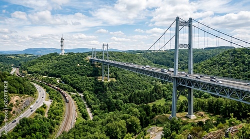 Suspension bridge Neckarline over Neckar river and TK Elevator Test Tower in Rottweil, Germany 
