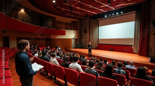 Large auditorium filled with audience listening to a speaker