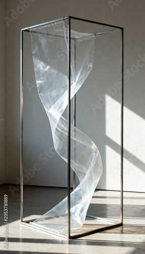 Single continuous sheet of translucent material twisted through three rigid metal frames, creating tension between geometry and deformation, soft daylight revealing internal shadows