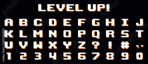 Level Up Pixel Art Alphabet and Numbers, Retro 8-Bit Vector Font