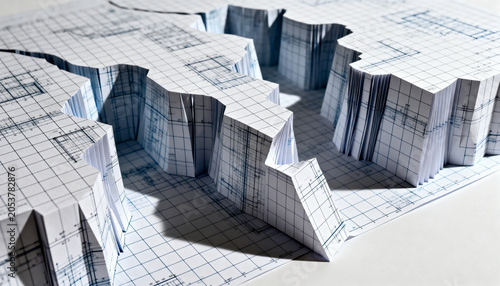 Top-down view of a modular paper landscape made from folded architectural blueprints, folds forming canyon-like terrain, precise grid alignment broken by one intentional irregular collapse