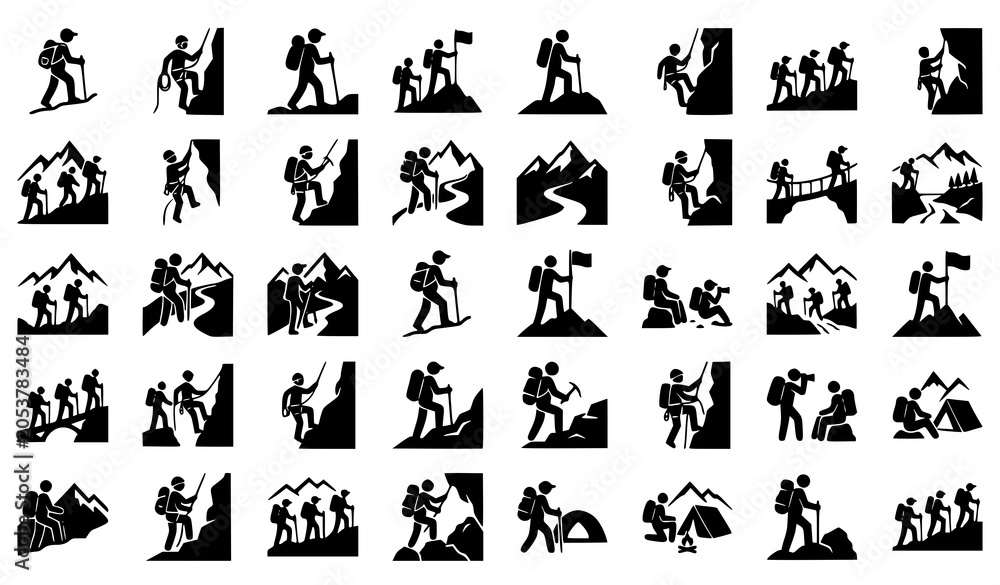 Fototapeta premium Mountaineering icons collection hiking climbing and summit achievement silhouettes