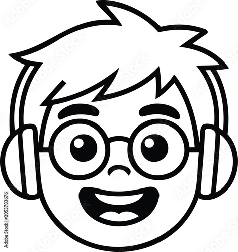 Konstfotografi Cartoon boy wearing headphones and glasses smiling happily always