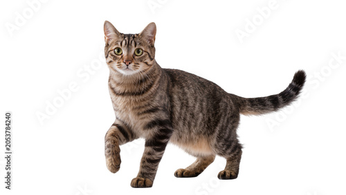 Fotografie Tabby cat walking with one paw raised
