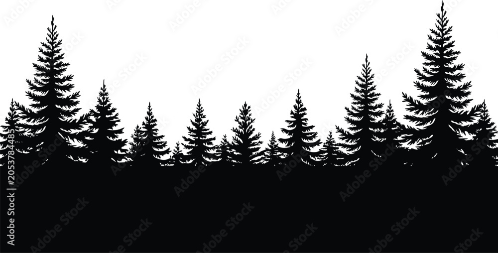 Obraz premium Evergreen Pine Forest Treeline Silhouette, Panoramic Conifer Woodland Vector Border, Modern Mountain Wilderness Horizon Graphic, Minimalist Solid Timber Silhouette, vector, illustration, silhouette.