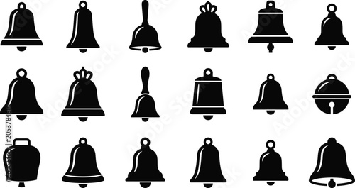 Obraz na plátně Christmas bell silhouettes, traditional church and hand bell icons, festive notification alerts, school and cow bell symbols, isolated decorative graphics