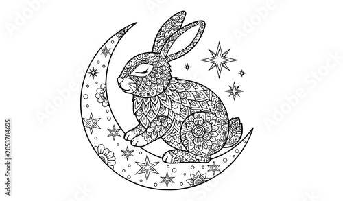 Intricate rabbit and crescent moon illustration for adult coloring books