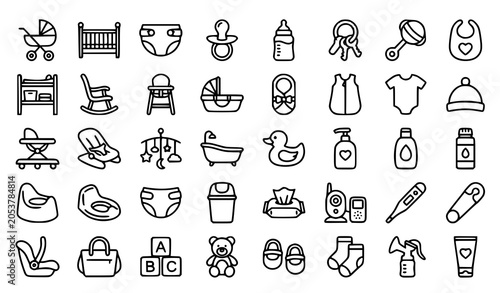 Foto Baby product monoline icon set with stroller diaper cot toys clothing and childc