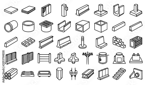 Slika na platnu Civil engineering precast concrete outline icon collection with slabs pipes kerb