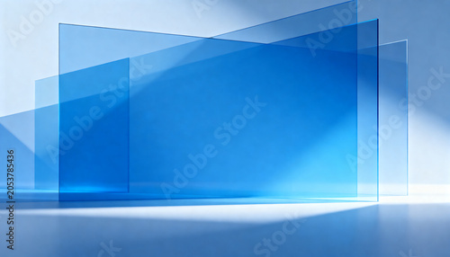 Abstract corporate background with layered translucent blue geometric panels, large empty central copy space, soft directional lighting, minimal shadow depth