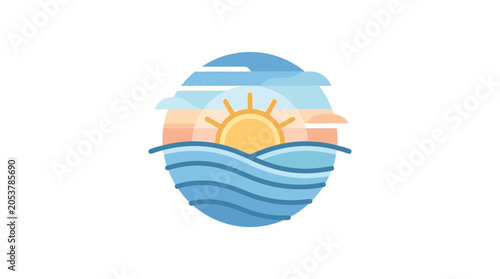 Billede på lærred Sunrise over ocean waves, stylized flat design, summer vacation concept