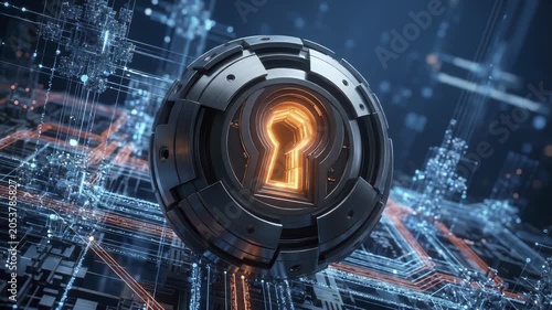 Futuristic Digital Keyhole With Glowing Orange Light in a Circuit Board Network