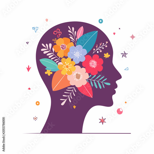 Silhouette of a head filled with colorful flowers and leaves