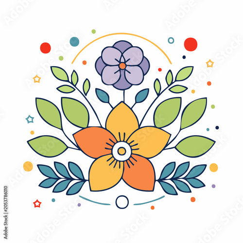 Stylized Floral Design with Colorful Dots and Stars