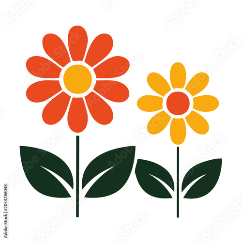 Two colorful flowers with green leaves
