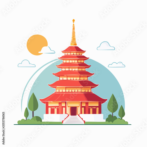 Stylized Japanese Pagoda with Sun and Clouds