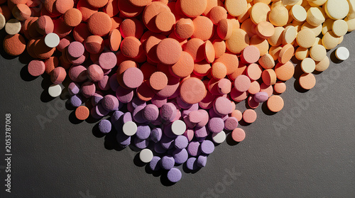 Colorful assortment of round vitamins and supplements arranged in a gradient pattern on a dark surface, showcasing various shapes and sizes for health and wellness applications