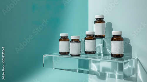 Five amber glass bottles of vitamins and supplements displayed on a clear shelf against a light blue wall, featuring blank labels for customization and branding purposes