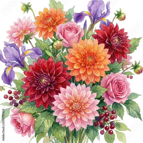 Vibrant Watercolor Floral Arrangement of Dahlias Roses and Irises with Berries isolated on transparent background
