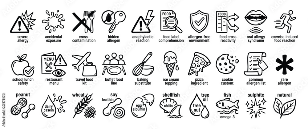 Fototapeta premium Food allergy symbols. Allergen risk icons. Outline vector collection.