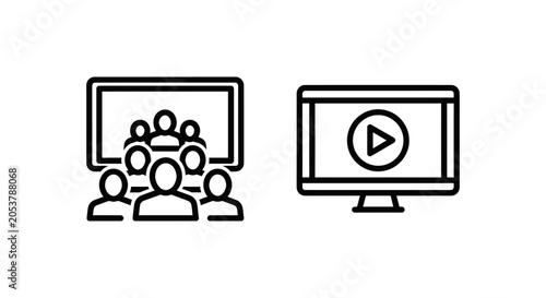 Audience engagement and online streaming icons with audience streaming engagement broadcast platform communication internet presentation conference playback multimedia interactive