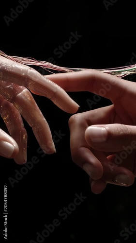 Human hand gently touching the finger of a shiny bionic robotic hand against a black background, symbolizing the connection between humanity and future technology and artificial intelligence