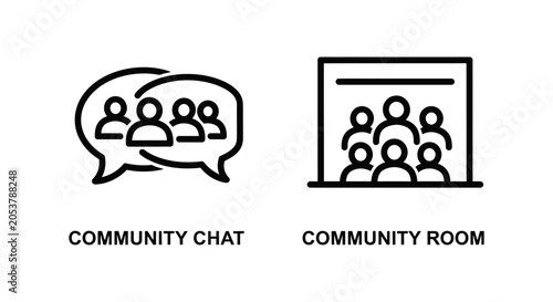 Community chat and meeting room icon set representing social connection collaboration and group communication with community collaboration communication discussion dialogue connection
