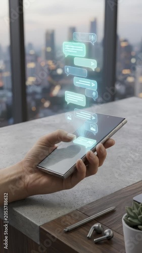 Hand Holding Smartphone With Chat Bubbles Floating Above Screen, Cityscape Background