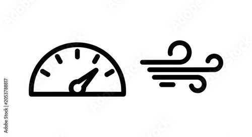 Speedometer gauge and wind gust intensity weather icons with speedometer intensity measurement velocity indicator dashboard forecast environment navigation interface application
