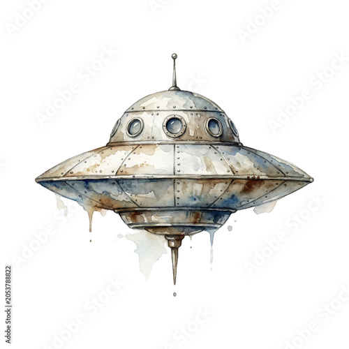 Vintage Watercolor Flying Saucer UFO Artwork isolated on transparent background