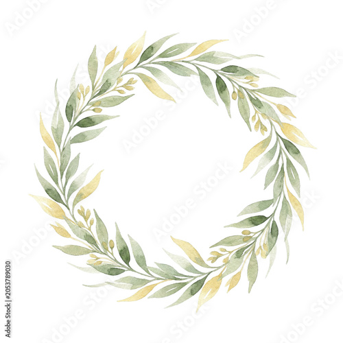 Watercolor Botanical Wreath Circle Greenery Leaves Organic Design Element isolated on transparent background