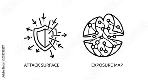 Cybersecurity concepts illustrating attack surface and exposure map with cybersecurity exposure security protection vulnerability internet technology infographic connection analysis