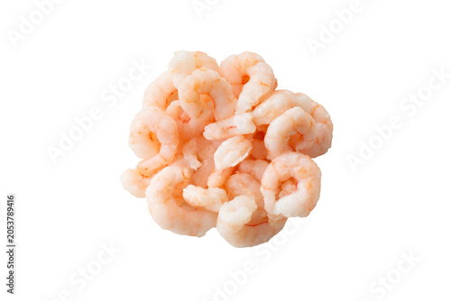 Foto A top down view of a pile of cooked bay shrimp, against a white background