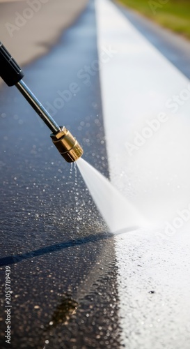 Worker using pressure washer to clean asphalt road. Maintenance person washing driveway with high pressure water jet. Surface sanitation and professional equipment for outdoor cleaning.