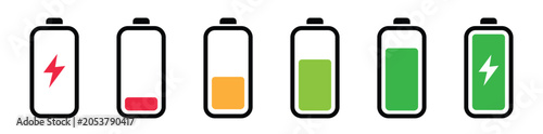 cons: Battery Full Charge and Low Charge. Battery charge indicator icons. Phone charge level, colour collection of charging power. Discharged and fully charged battery. 
