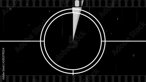Vintage film countup timer 0 to 10 seconds, retro movie leader clock wipe animation, old cinema monochrome background loop