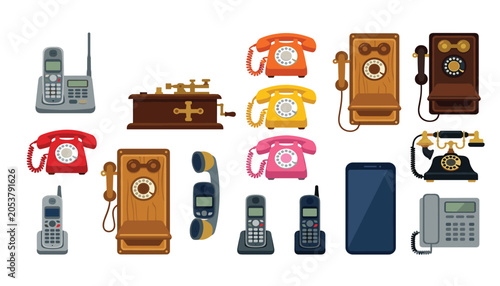 Konstfotografi Evolution of telephone and retro communication device cartoon vector illustration set