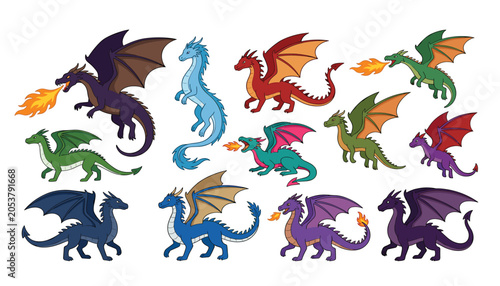 Foto Mythical fire breathing flying dragon monster cartoon vector illustration set