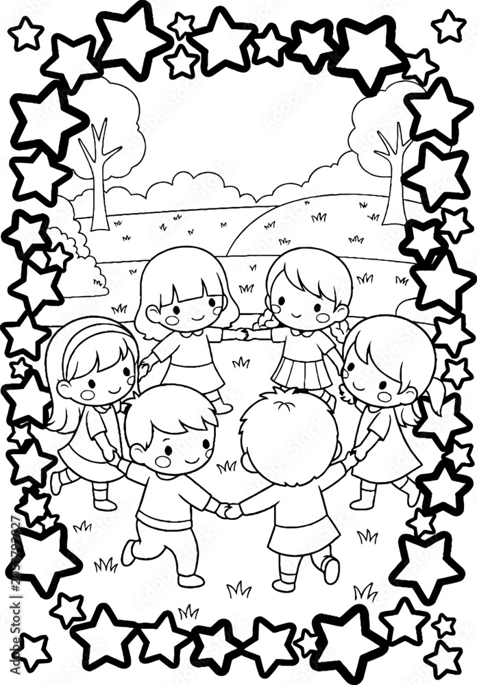 Fototapeta premium Happy cartoon children dancing together in circle outdoors.