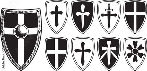 Collection of medieval knight shields with crosses and swords in black and white vintage style.