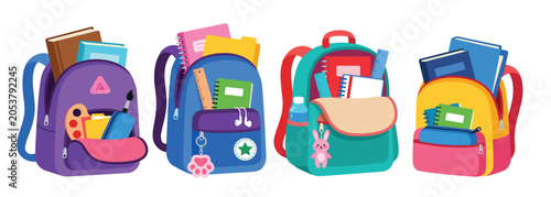 Vászonkép School backpack with stationery and books cartoon vector illustration set