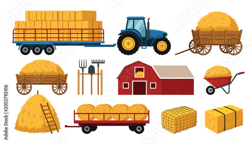Foto Farm barn and tractor with hay bale cartoon vector illustration set