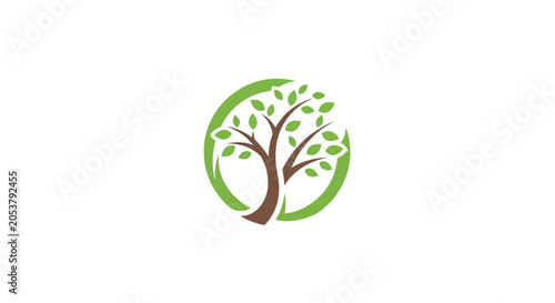 A tree silhouette with leaves, inside of a green circle. A symbol of growth, nature, and life