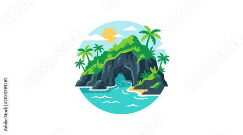 Tableau sur toile Tropical island cave entrance with palm trees and ocean waves, sunny day